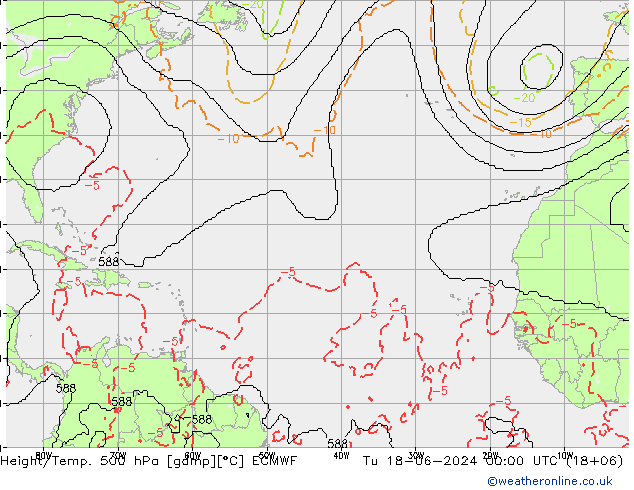 Height/Temp. 500 hPa ECMWF Út 18.06.2024 00 UTC