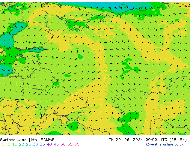 Surface wind ECMWF Čt 20.06.2024 00 UTC