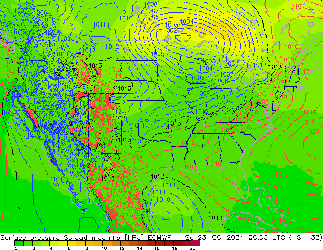 Atmosférický tlak Spread ECMWF Ne 23.06.2024 06 UTC