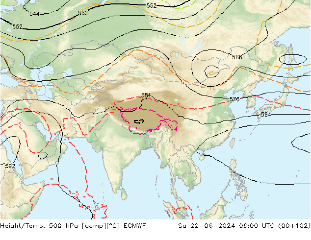 Height/Temp. 500 hPa ECMWF Sa 22.06.2024 06 UTC