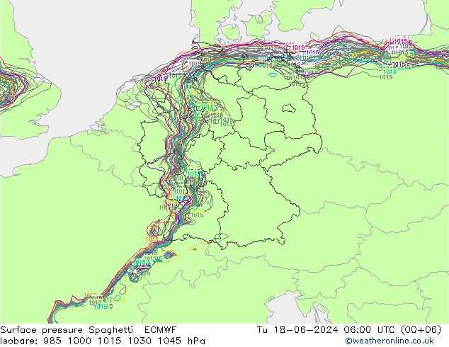 Luchtdruk op zeeniveau Spaghetti ECMWF di 18.06.2024 06 UTC