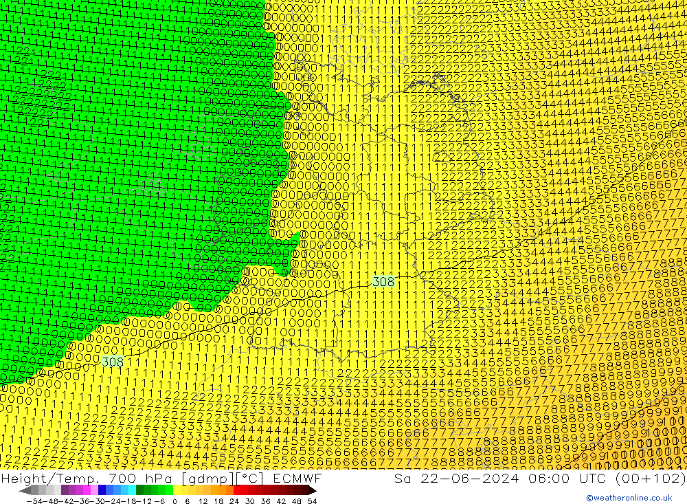 Height/Temp. 700 hPa ECMWF Sa 22.06.2024 06 UTC