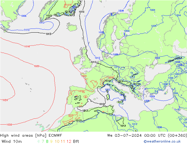 High wind areas ECMWF We 03.07.2024 00 UTC