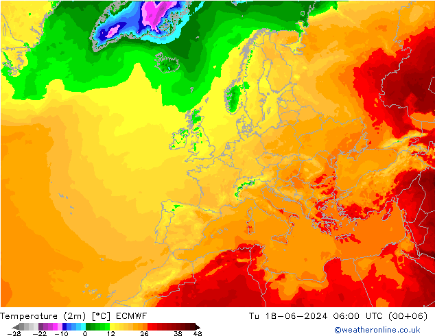 Temperatuurkaart (2m) ECMWF di 18.06.2024 06 UTC