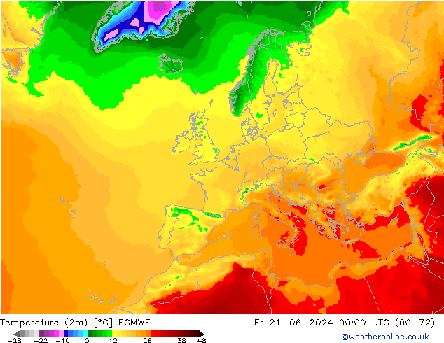 Temperaturkarte (2m) ECMWF Fr 21.06.2024 00 UTC