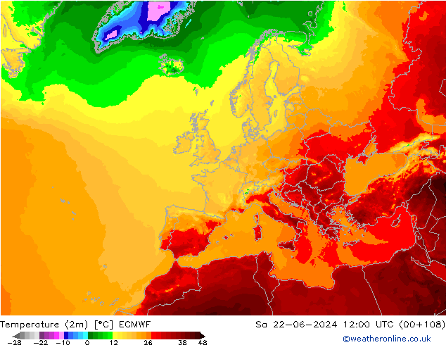 Temperatuurkaart (2m) ECMWF za 22.06.2024 12 UTC