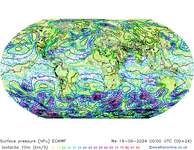 Isotachs (kph) ECMWF ср 19.06.2024 00 UTC