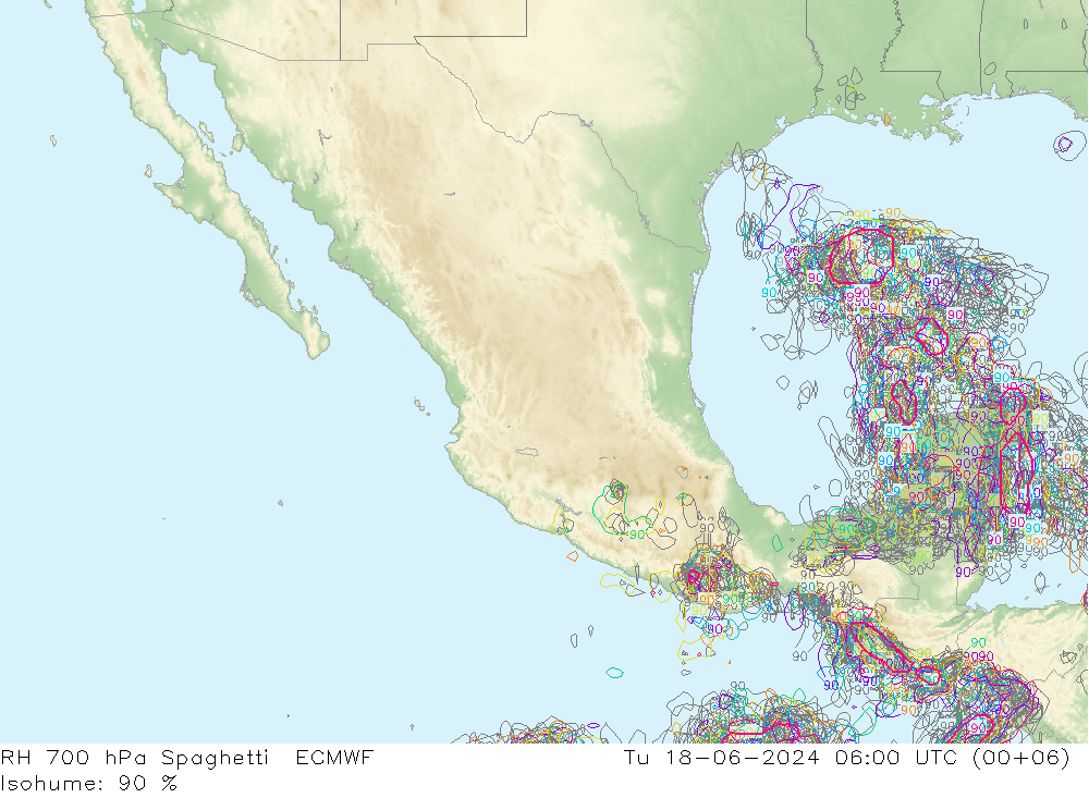 Humedad rel. 700hPa Spaghetti ECMWF mar 18.06.2024 06 UTC