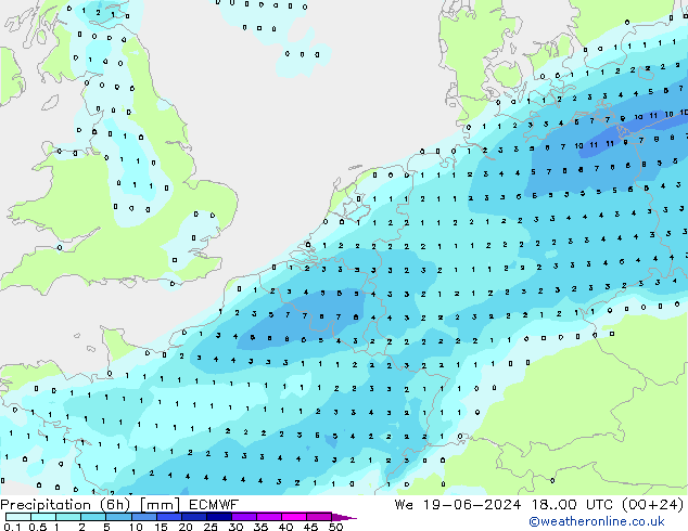 Precipitation (6h) ECMWF We 19.06.2024 00 UTC