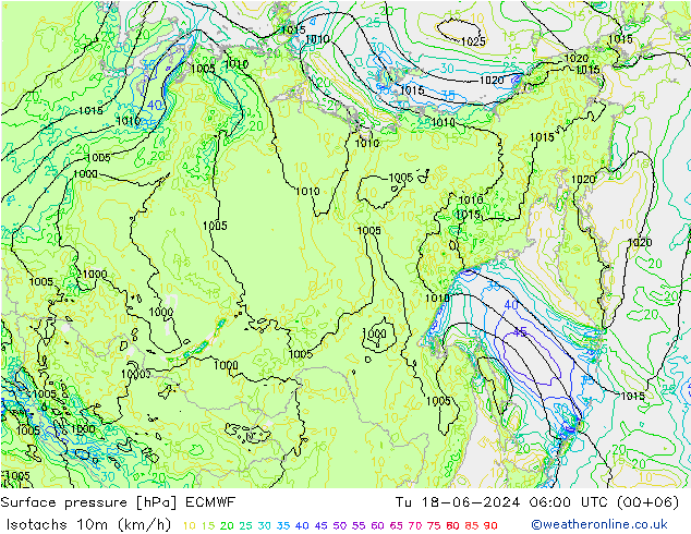 Izotacha (km/godz) ECMWF wto. 18.06.2024 06 UTC