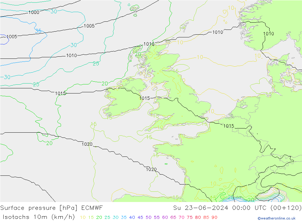 Isotaca (kph) ECMWF dom 23.06.2024 00 UTC