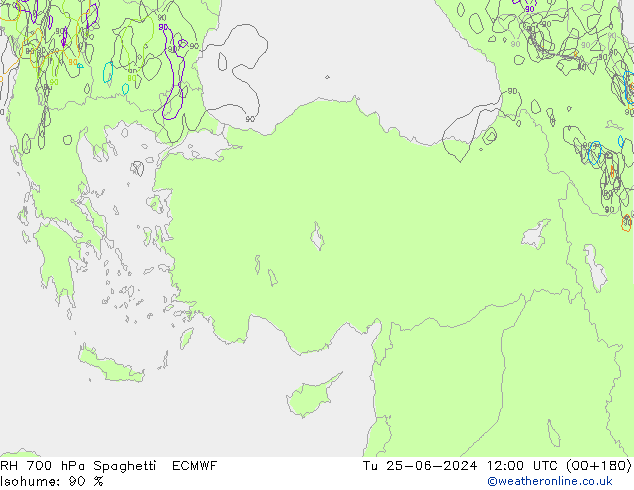 RH 700 hPa Spaghetti ECMWF Di 25.06.2024 12 UTC