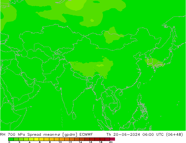 Humidité rel. 700 hPa Spread ECMWF jeu 20.06.2024 06 UTC