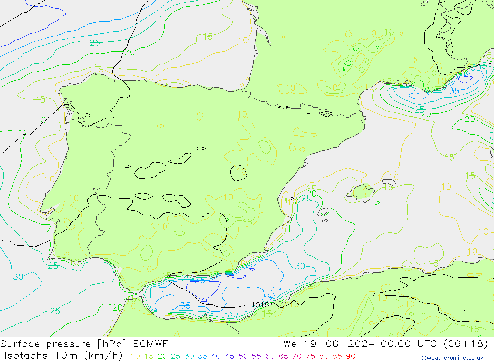 Isotachs (kph) ECMWF Qua 19.06.2024 00 UTC