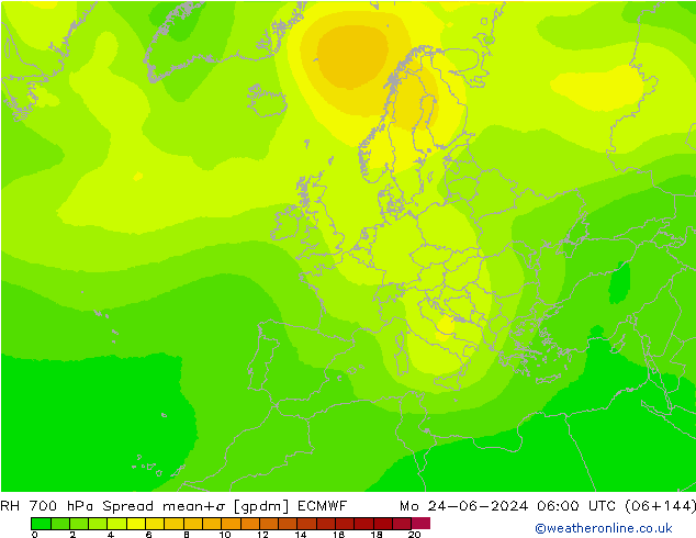 RH 700 hPa Spread ECMWF pon. 24.06.2024 06 UTC