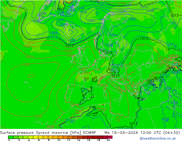 Surface pressure Spread ECMWF We 19.06.2024 12 UTC