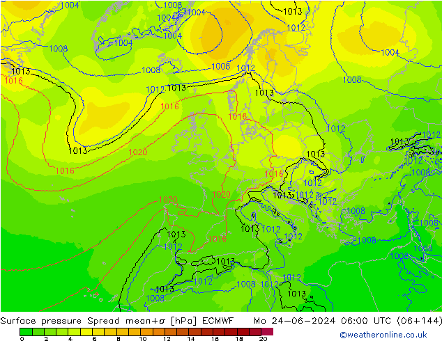 Atmosférický tlak Spread ECMWF Po 24.06.2024 06 UTC