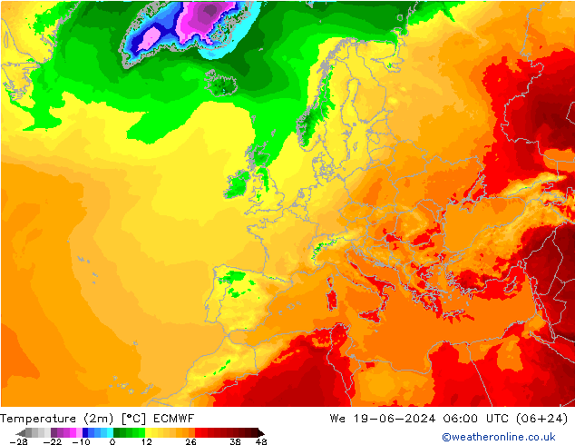 Temperature (2m) ECMWF St 19.06.2024 06 UTC