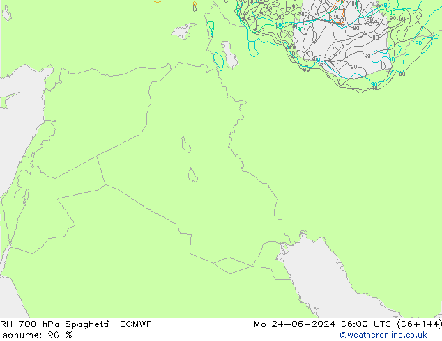 RH 700 hPa Spaghetti ECMWF Mo 24.06.2024 06 UTC