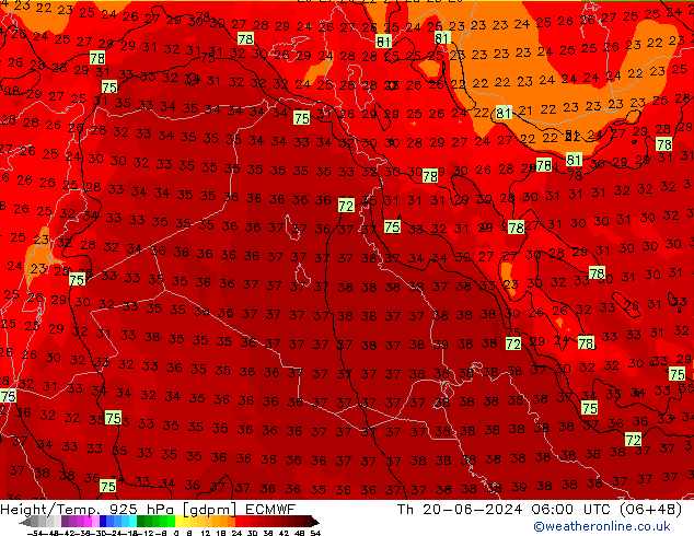 Yükseklik/Sıc. 925 hPa ECMWF Per 20.06.2024 06 UTC