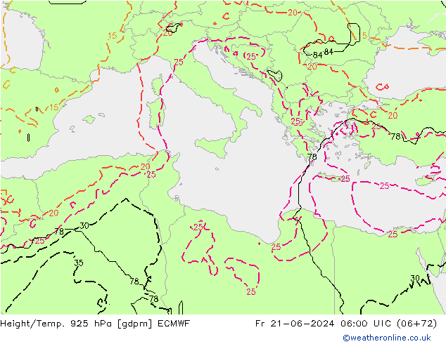 Hoogte/Temp. 925 hPa ECMWF vr 21.06.2024 06 UTC