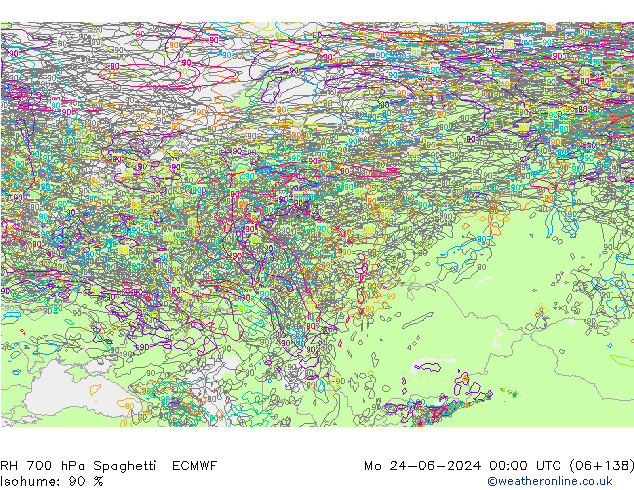 RH 700 hPa Spaghetti ECMWF lun 24.06.2024 00 UTC
