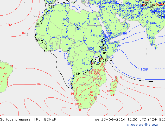 Surface pressure ECMWF We 26.06.2024 12 UTC