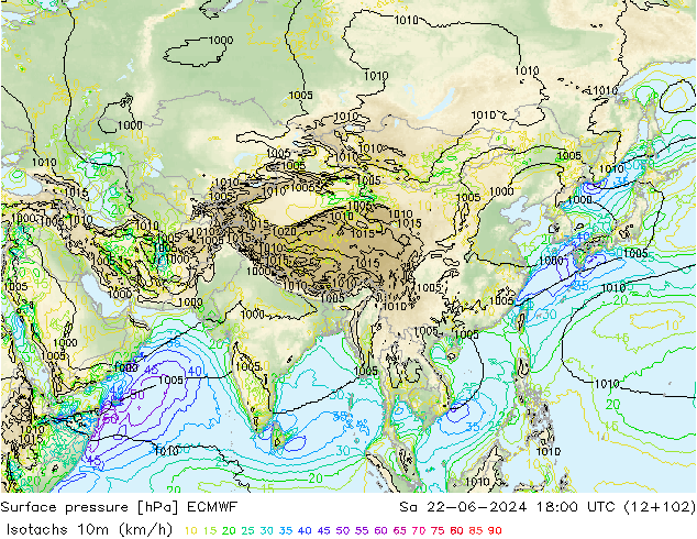 Isotachs (kph) ECMWF sam 22.06.2024 18 UTC