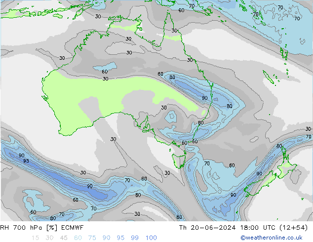 RH 700 hPa ECMWF Th 20.06.2024 18 UTC