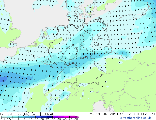 Precipitation (6h) ECMWF We 19.06.2024 12 UTC