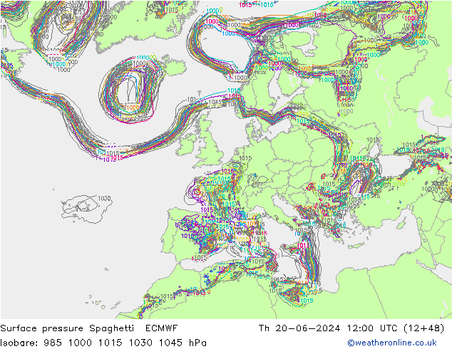 Pressione al suolo Spaghetti ECMWF gio 20.06.2024 12 UTC