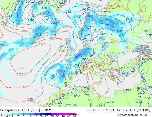 осадки (6h) ECMWF вт 18.06.2024 18 UTC