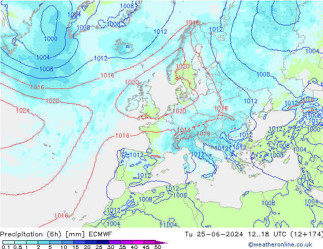 Precipitation (6h) ECMWF Tu 25.06.2024 18 UTC