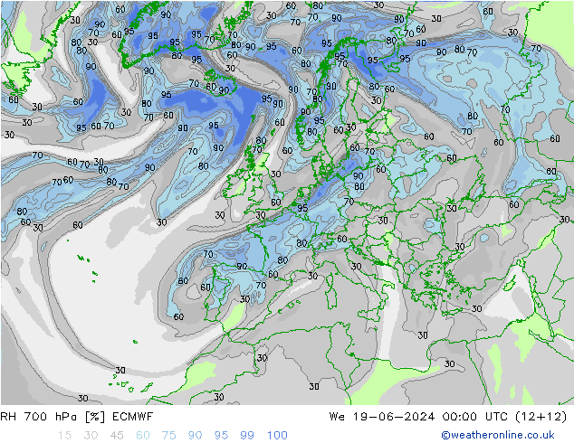 RH 700 hPa ECMWF mer 19.06.2024 00 UTC