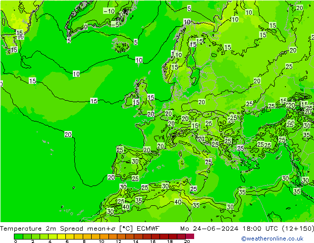 Temperature 2m Spread ECMWF Mo 24.06.2024 18 UTC