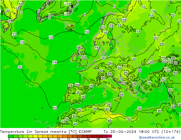 Sıcaklık Haritası 2m Spread ECMWF Sa 25.06.2024 18 UTC