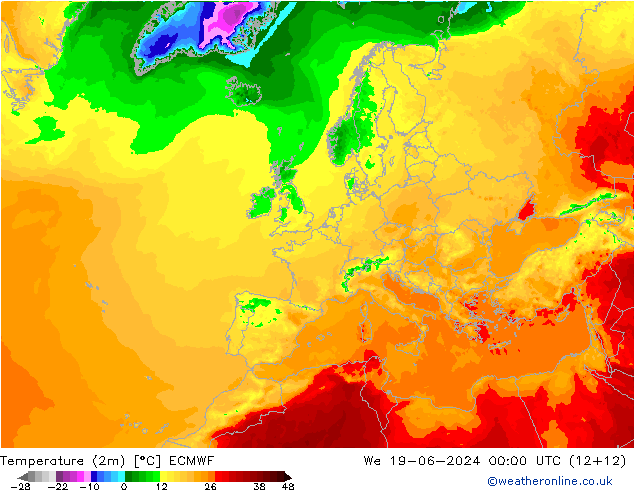 Temperature (2m) ECMWF We 19.06.2024 00 UTC