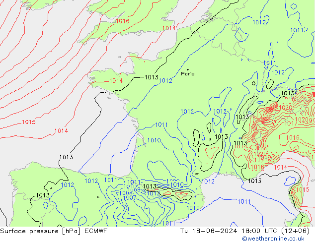 Atmosférický tlak ECMWF Út 18.06.2024 18 UTC