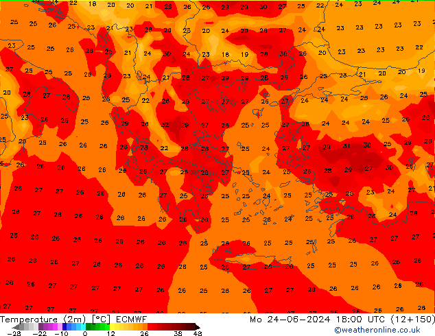 Temperatura (2m) ECMWF Seg 24.06.2024 18 UTC