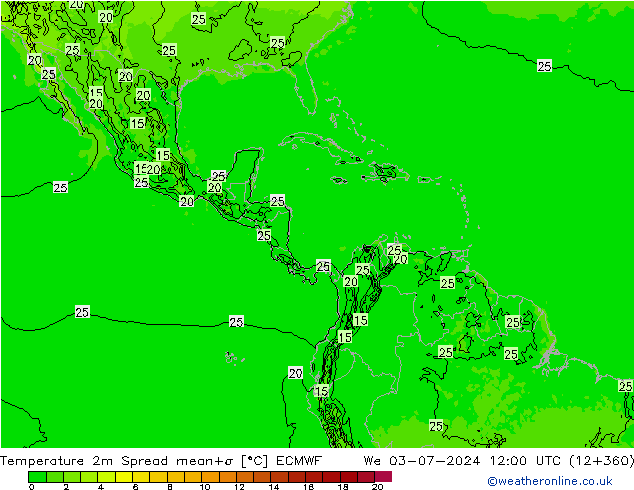 карта температуры Spread ECMWF ср 03.07.2024 12 UTC