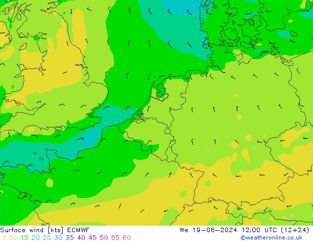 Vento 10 m ECMWF mer 19.06.2024 12 UTC