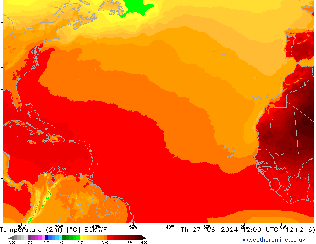 Temperatura (2m) ECMWF Qui 27.06.2024 12 UTC