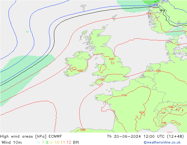 High wind areas ECMWF Čt 20.06.2024 12 UTC