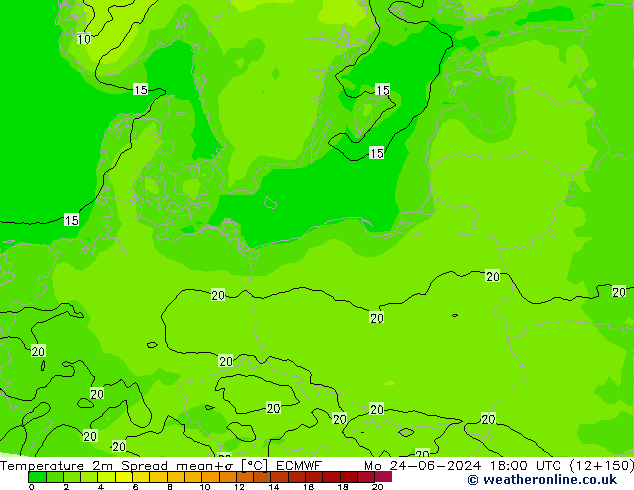 Temperature 2m Spread ECMWF Mo 24.06.2024 18 UTC