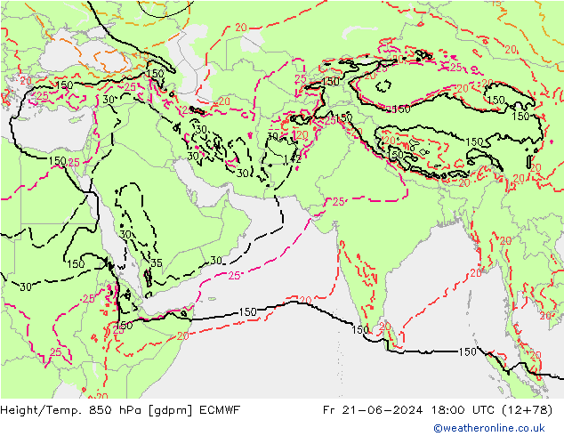 Height/Temp. 850 hPa ECMWF Fr 21.06.2024 18 UTC