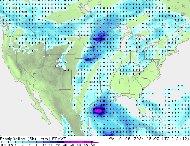 Precipitation (6h) ECMWF St 19.06.2024 00 UTC