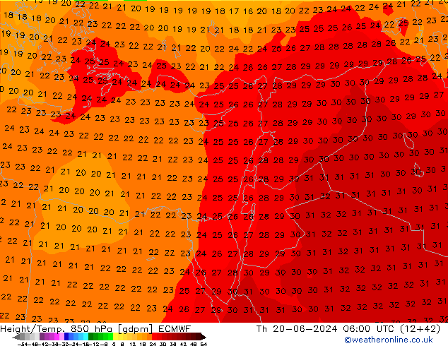 Height/Temp. 850 hPa ECMWF gio 20.06.2024 06 UTC