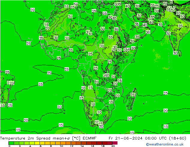 Temperature 2m Spread ECMWF Pá 21.06.2024 06 UTC