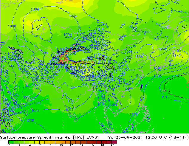 Pressione al suolo Spread ECMWF dom 23.06.2024 12 UTC