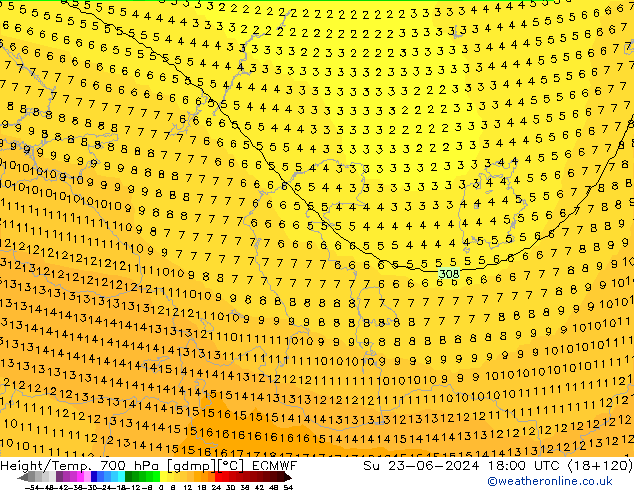 Hoogte/Temp. 700 hPa ECMWF zo 23.06.2024 18 UTC